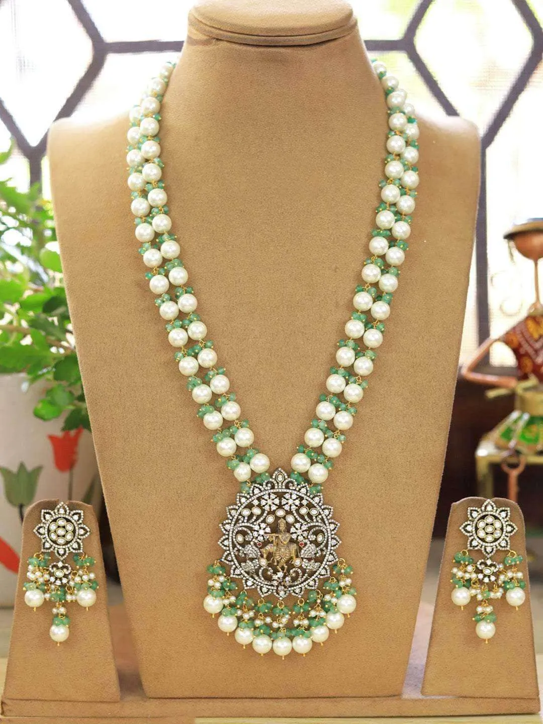 Kundan Pearl Studded Long Temple Necklace