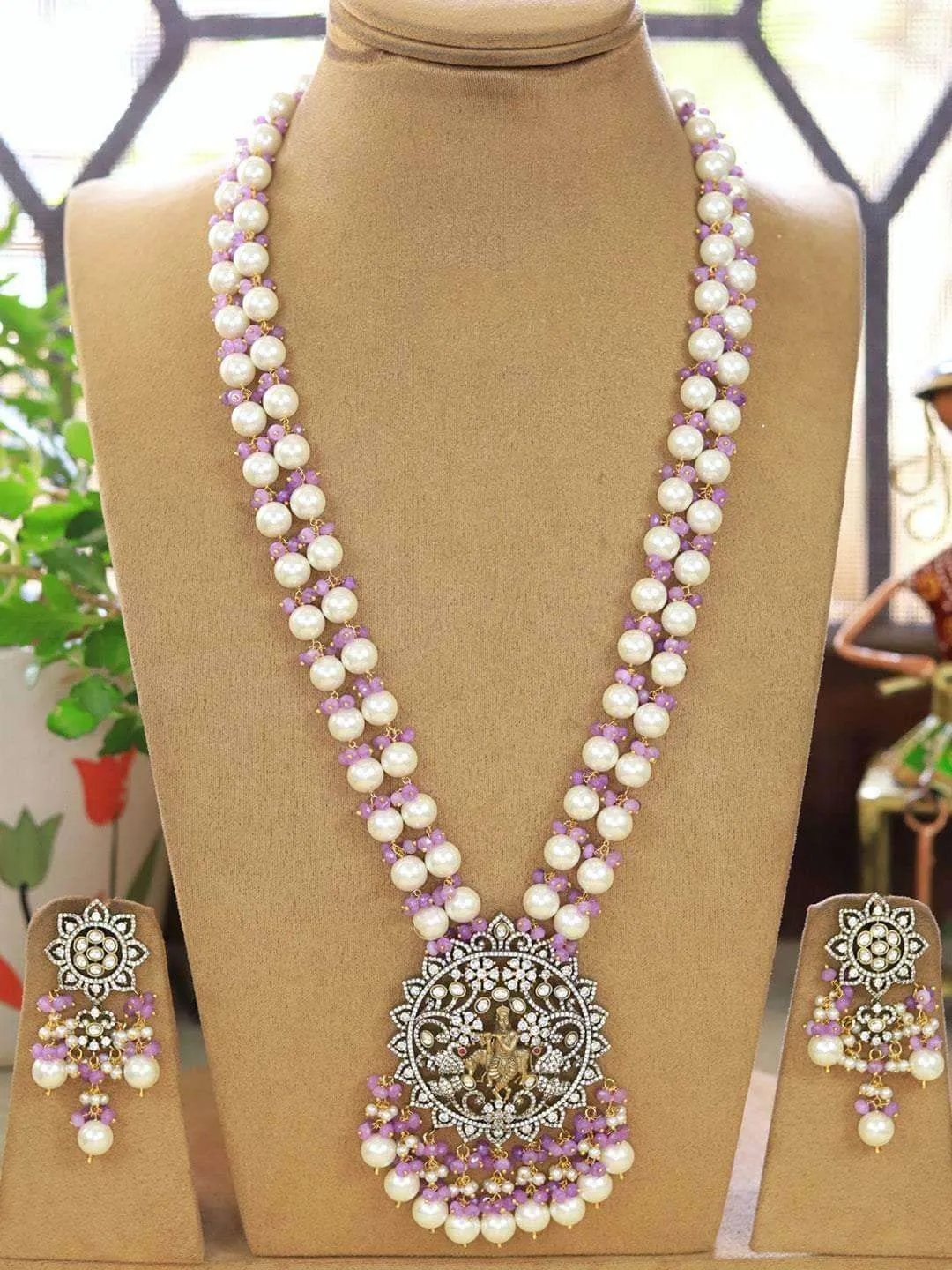 Kundan Pearl Studded Long Temple Necklace