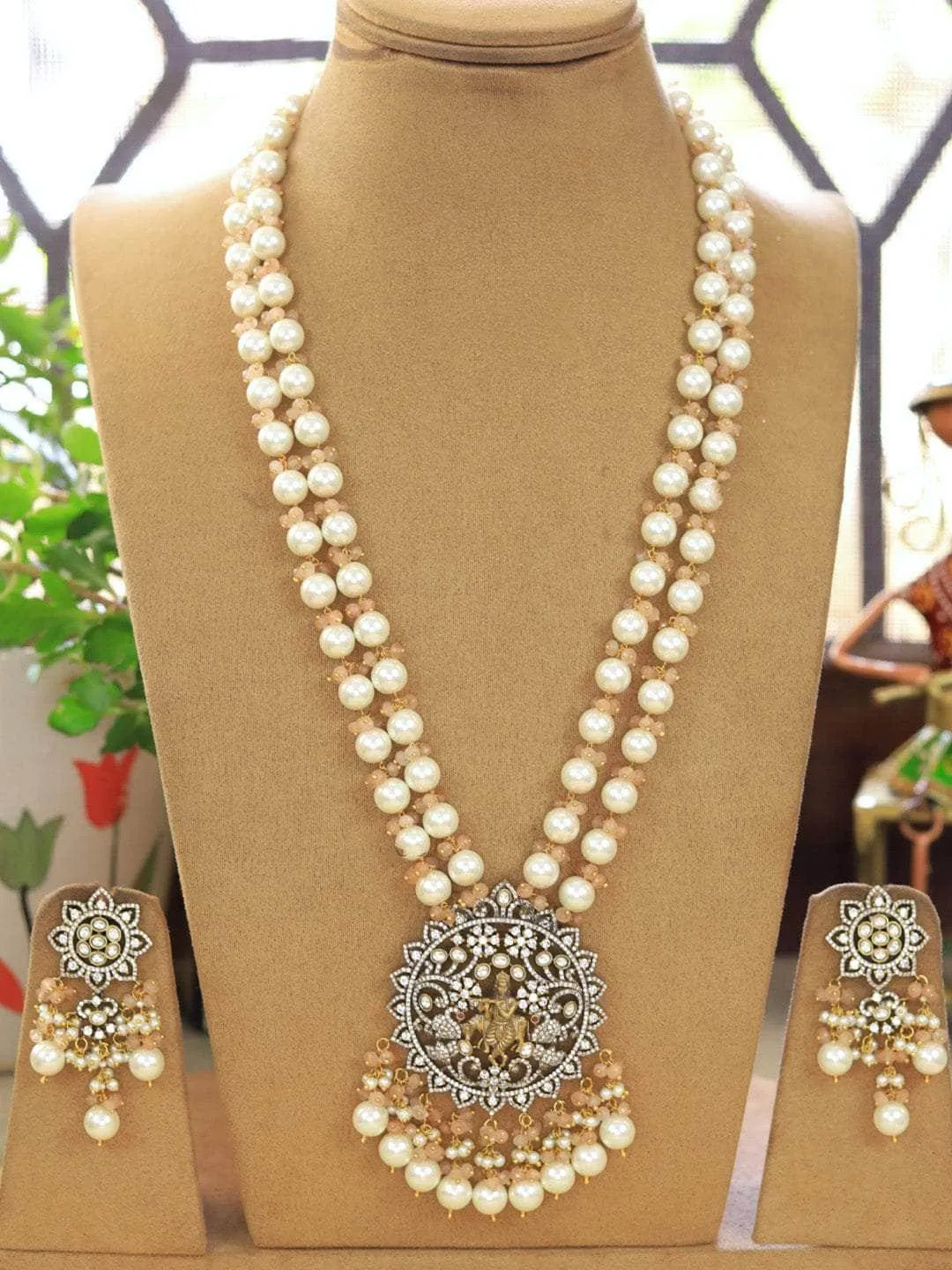 Kundan Pearl Studded Long Temple Necklace