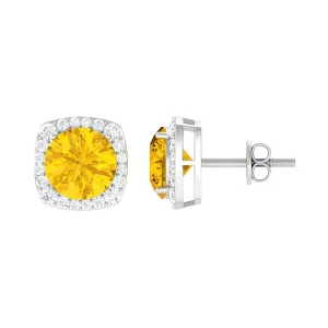 Lab Grown Yellow Sapphire and Diamond Halo Stud Earrings