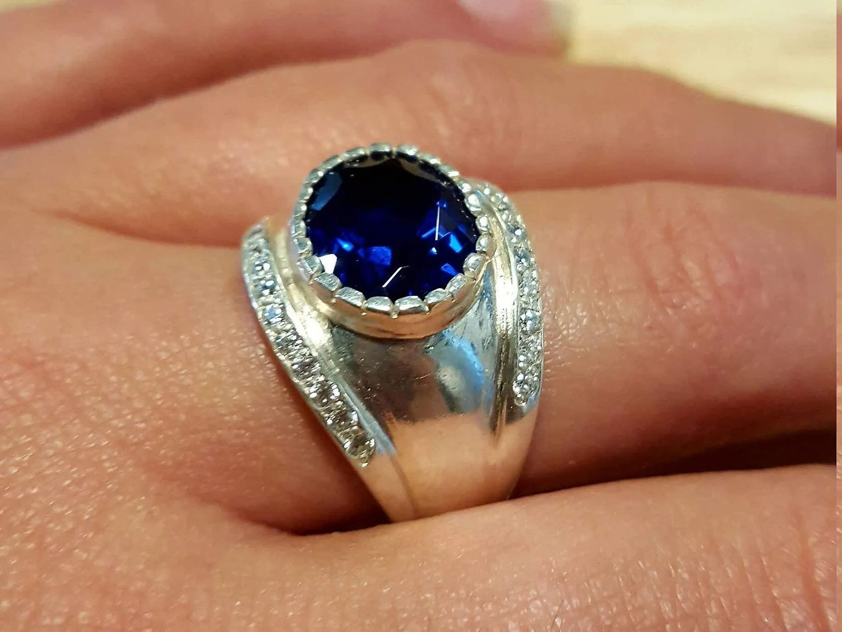 Large Sapphire Ring - Blue Oval Ring - Wide Dome Band