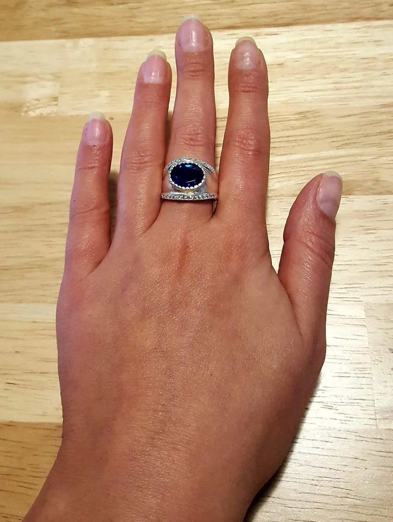 Large Sapphire Ring - Blue Oval Ring - Wide Dome Band