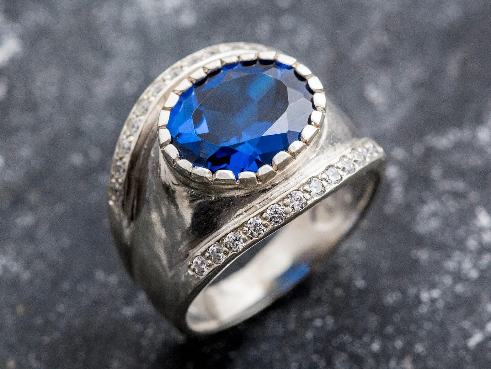 Large Sapphire Ring - Blue Oval Ring - Wide Dome Band