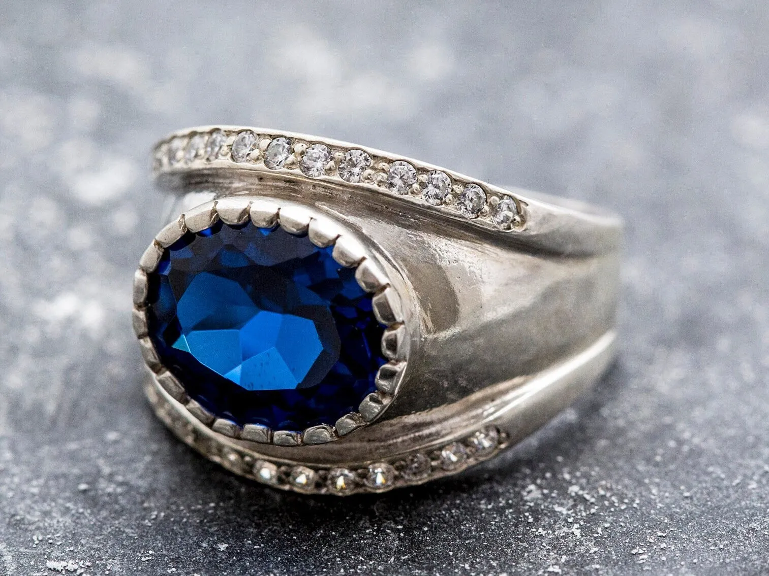 Large Sapphire Ring - Blue Oval Ring - Wide Dome Band