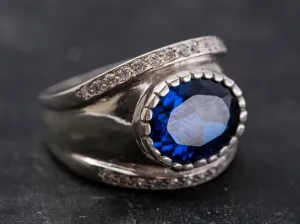 Large Sapphire Ring - Blue Oval Ring - Wide Dome Band