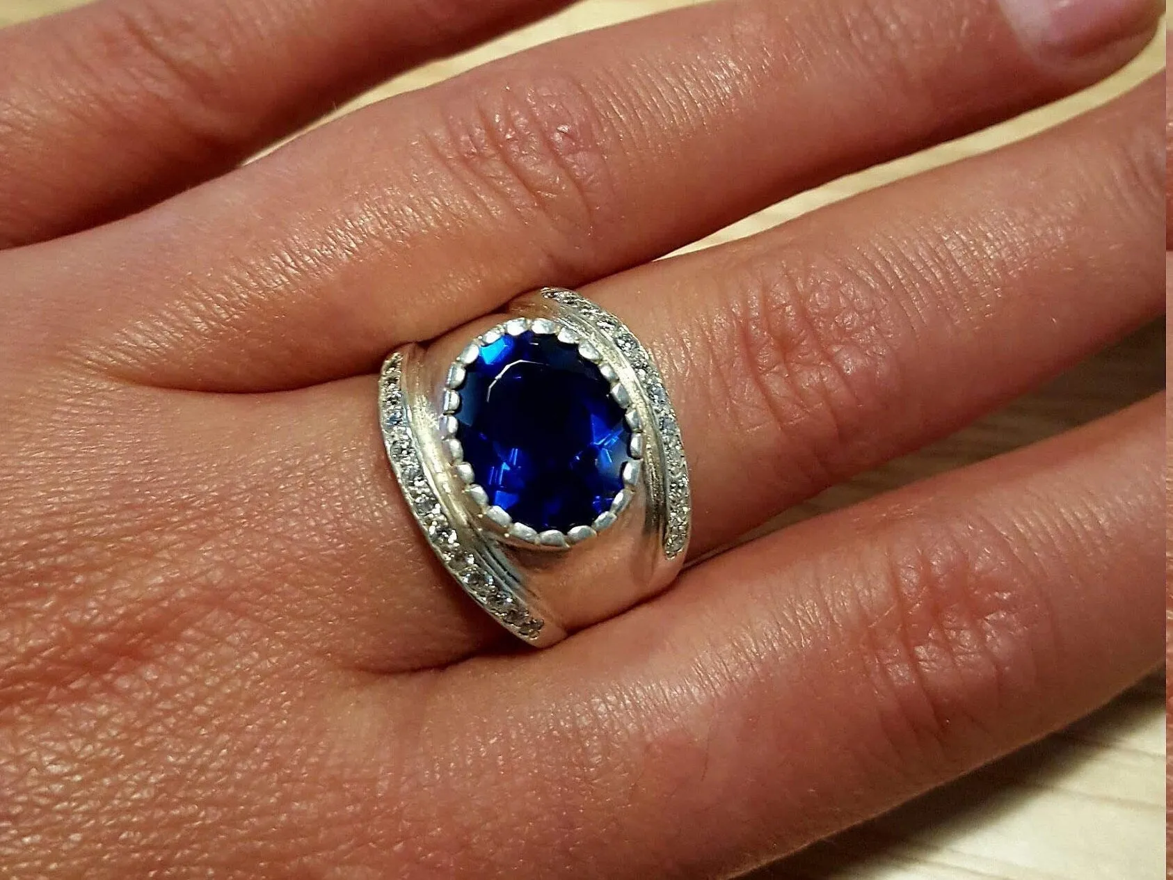 Large Sapphire Ring - Blue Oval Ring - Wide Dome Band