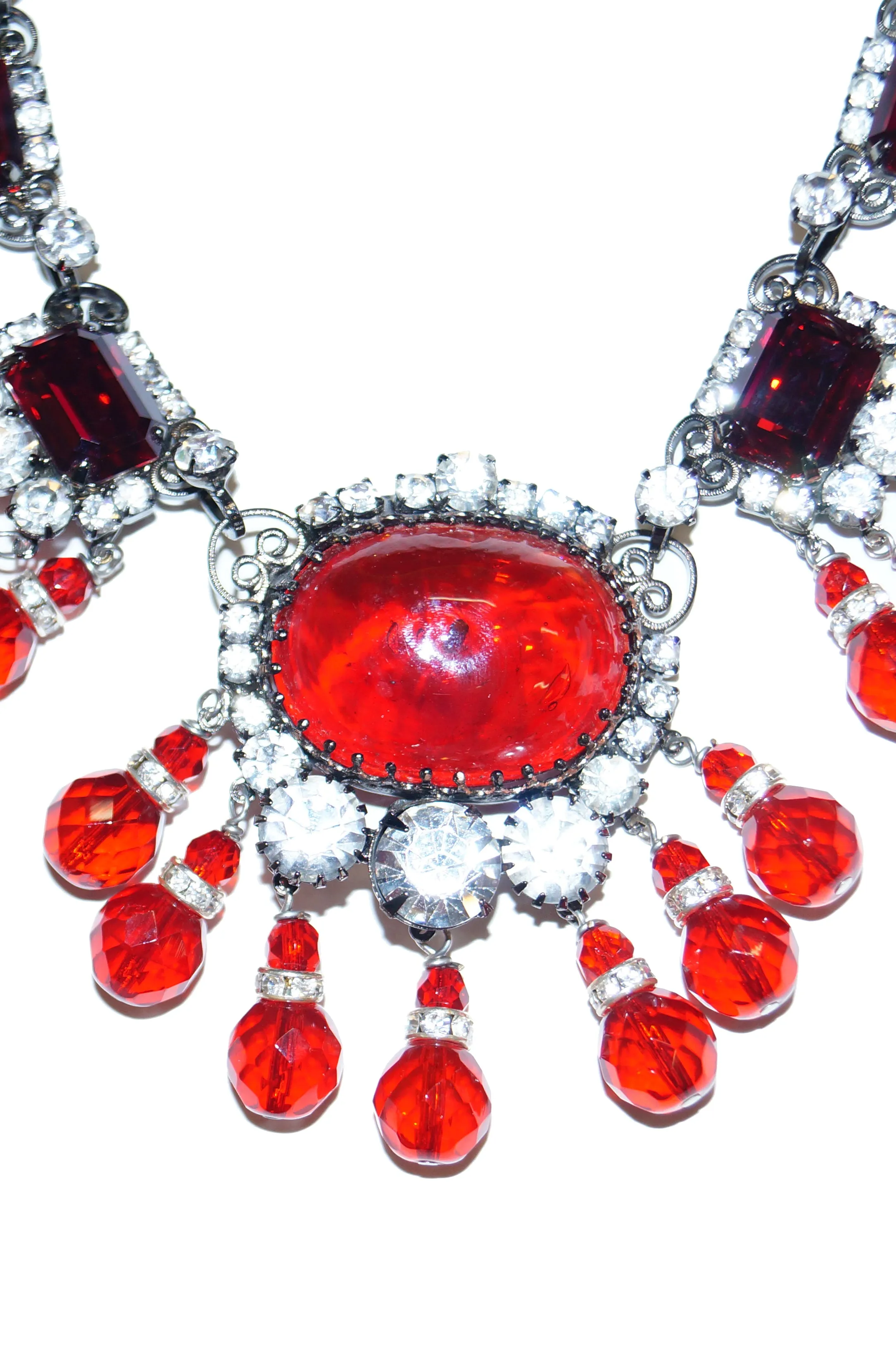 Lawrence VRBA Ruby Pate de Verre Rhinestone Necklace and Earrings Set