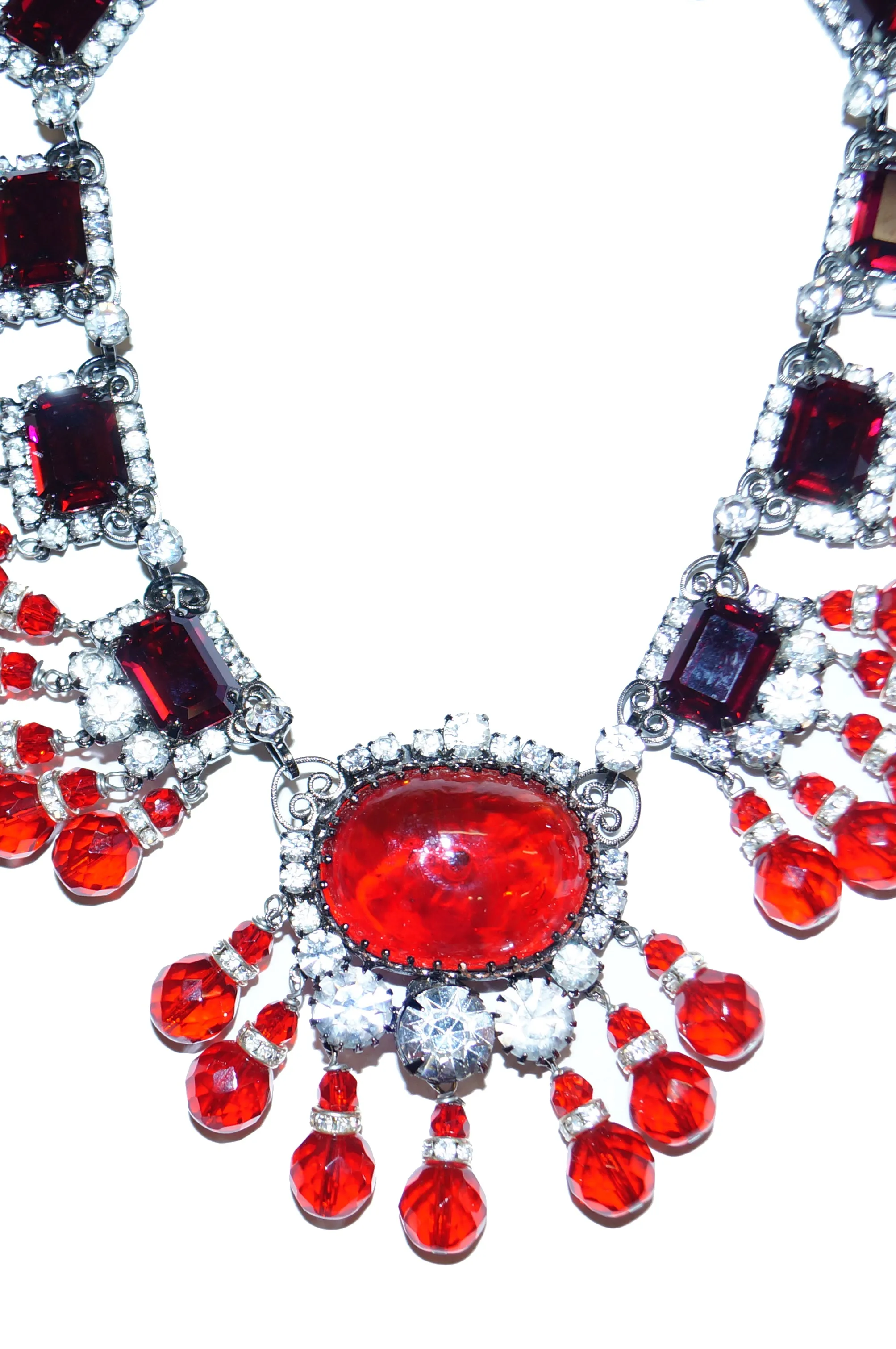 Lawrence VRBA Ruby Pate de Verre Rhinestone Necklace and Earrings Set