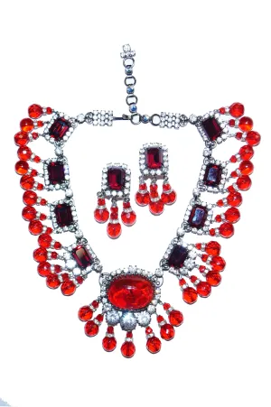 Lawrence VRBA Ruby Pate de Verre Rhinestone Necklace and Earrings Set