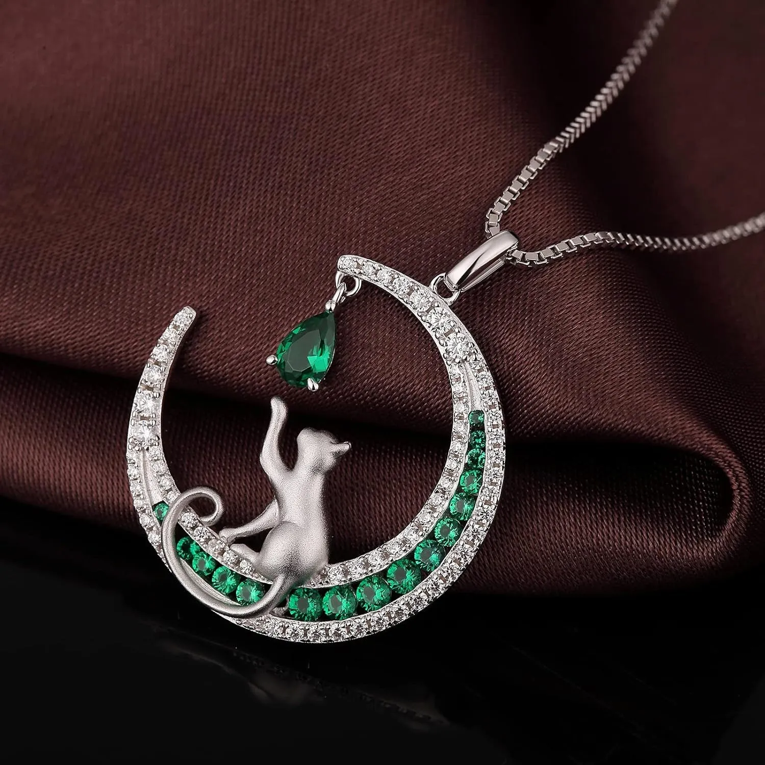 Lovely Cat Necklace for Women, 925 Sterling Silver Cat on Moon Necklace with 5A  Cubic Zirconia, Cat Jewelry Cat Pendant for Cat Lover