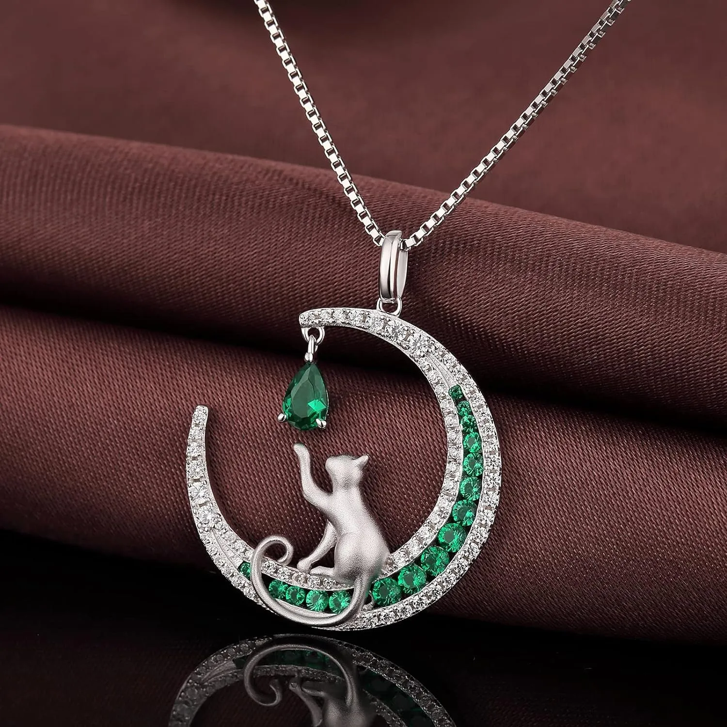 Lovely Cat Necklace for Women, 925 Sterling Silver Cat on Moon Necklace with 5A  Cubic Zirconia, Cat Jewelry Cat Pendant for Cat Lover