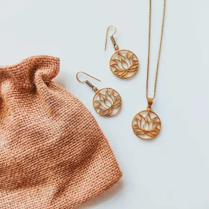 Panchaloha Gold Lotus Earring and Necklace Set