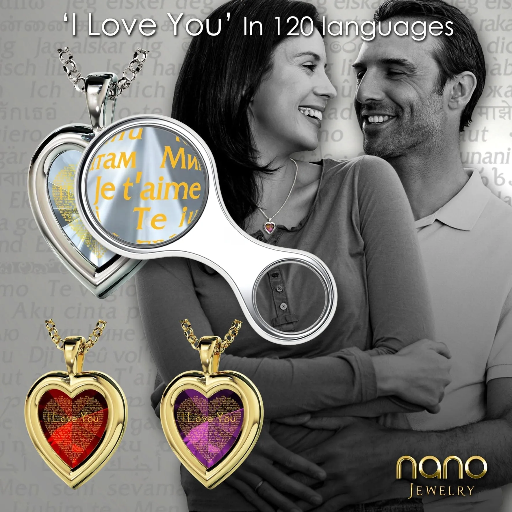 "I Love You" in 120 Languages, 925 Sterling Silver Gift, Zirconia