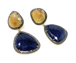 Rare Yellow and Blue Sapphire Pave Diamond Earrings, Sapphire