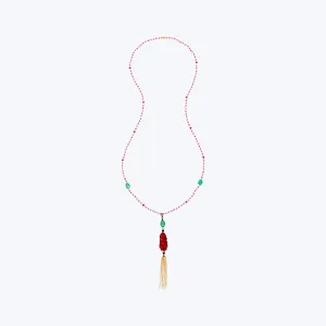 Red Lacquer Happy Monk Necklace with Emerald & Ruby