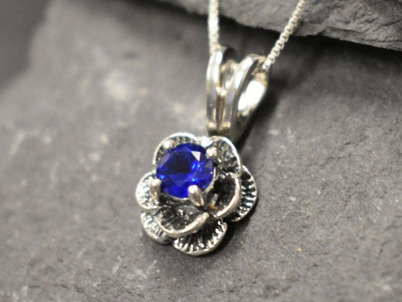 Rose Sapphire Pendant - Dainty Flower Necklace, Blue Rose Pendant