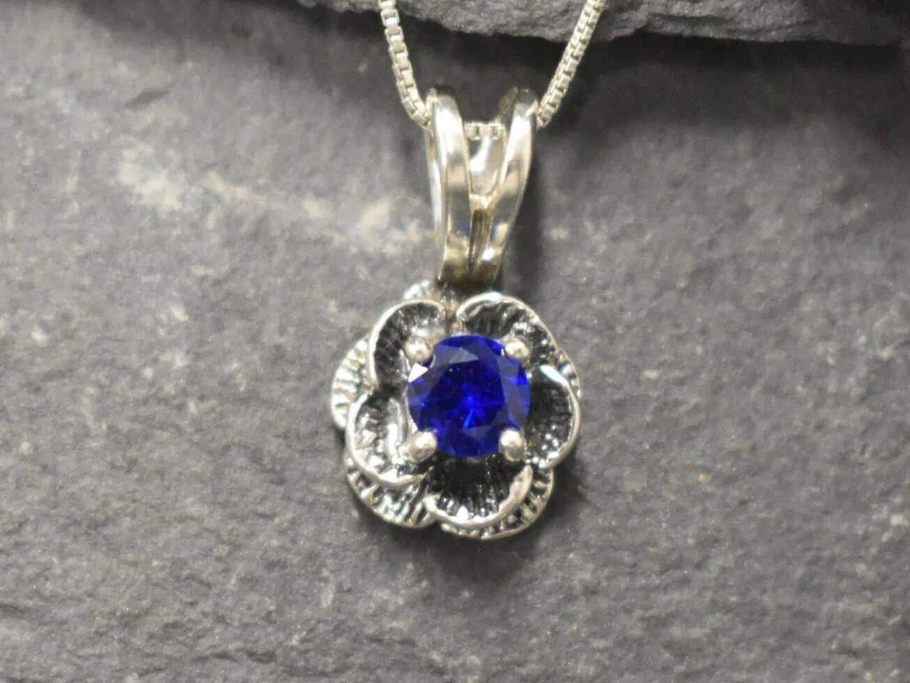 Rose Sapphire Pendant - Dainty Flower Necklace, Blue Rose Pendant