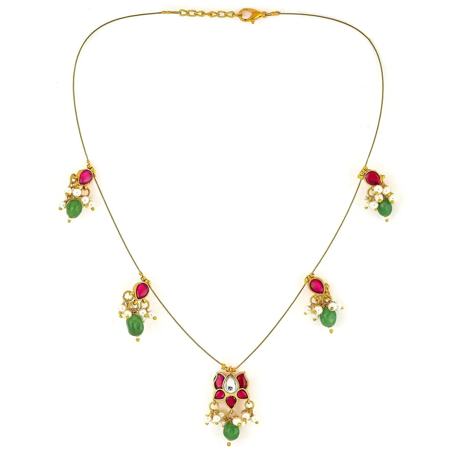 Rubans 18K Gold-Plated Ruby Pink & Emerald Green Kundan Studded Necklace with Pearl Accents