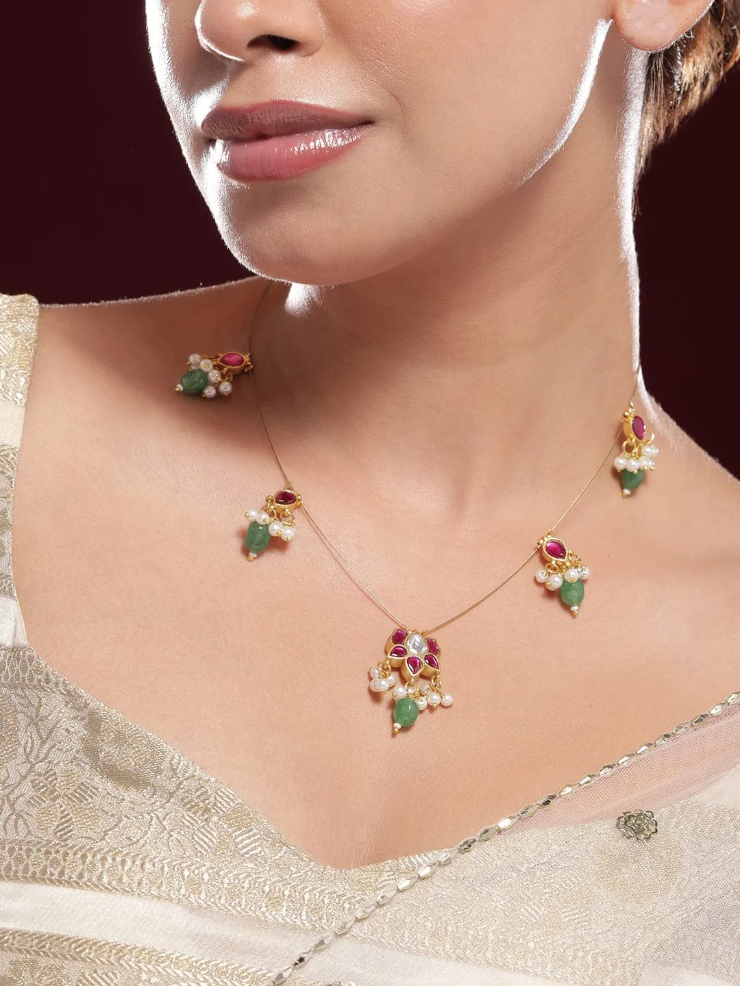 Rubans 18K Gold-Plated Ruby Pink & Emerald Green Kundan Studded Necklace with Pearl Accents