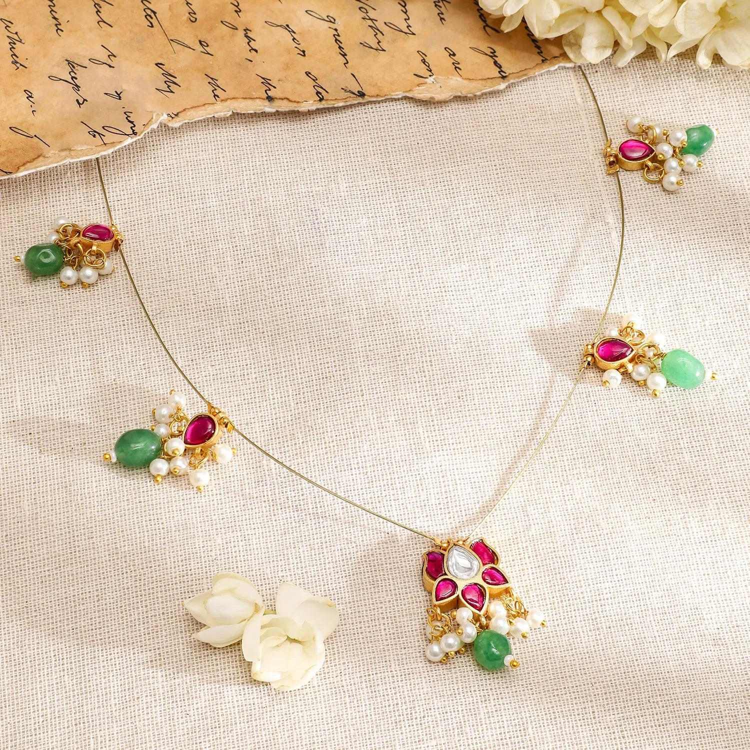 Rubans 18K Gold-Plated Ruby Pink & Emerald Green Kundan Studded Necklace with Pearl Accents