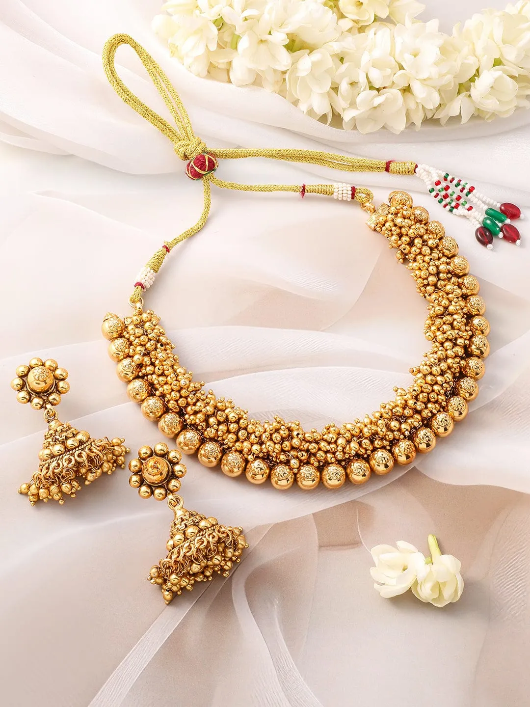 Rubans 22K Gold-Plated Golden Beads Studded Beaded Traditional Jewellery Set