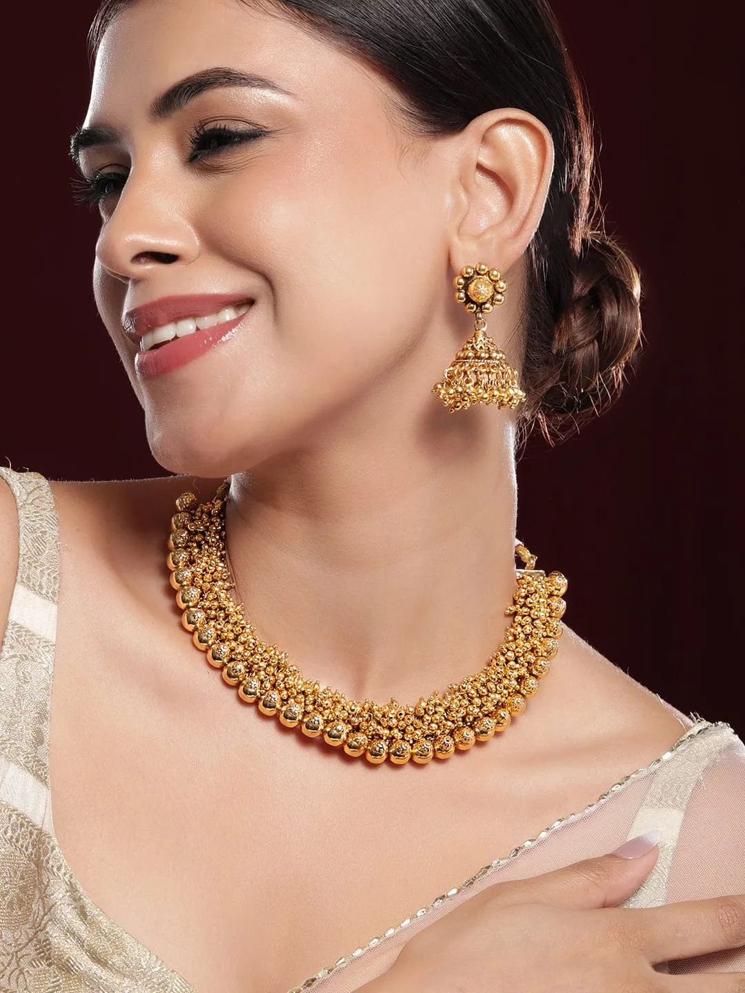 Rubans 22K Gold-Plated Golden Beads Studded Beaded Traditional Jewellery Set