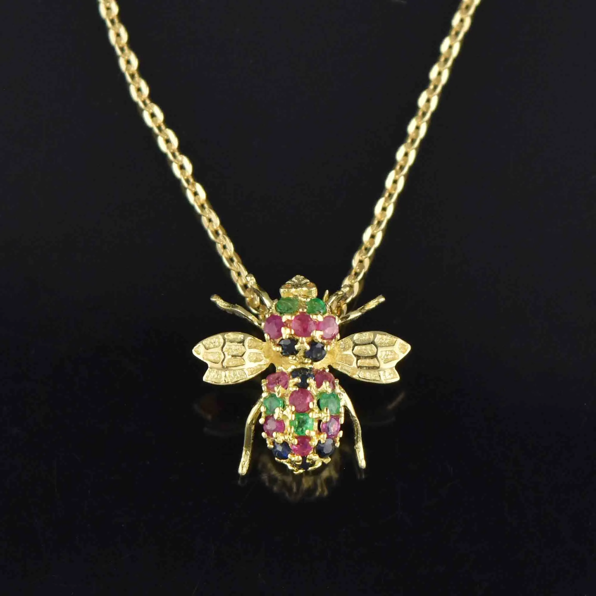 Ruby Sapphire Emerald Bumble Bee Brooch Pendant in 14K Gold