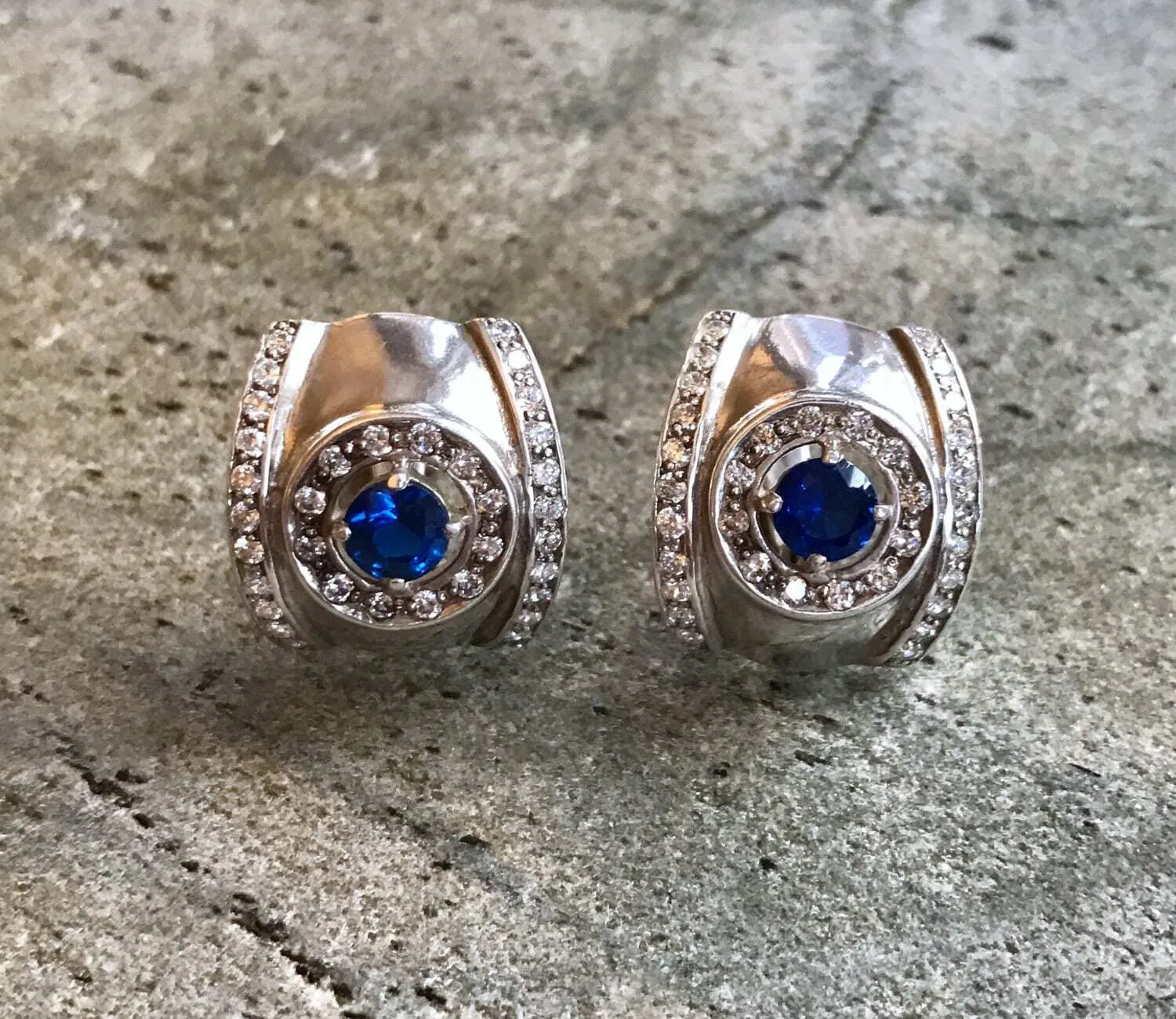 Sapphire Earrings - Blue Dome Earrings - Vintage Chunky Earrings