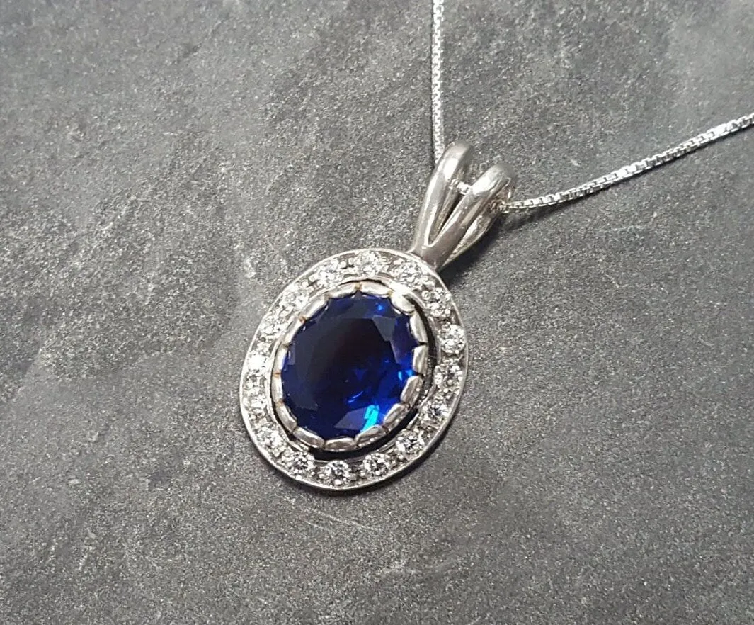 Sapphire Victorian Pendant - Vintage Sapphire Necklace - Blue Halo Pendant