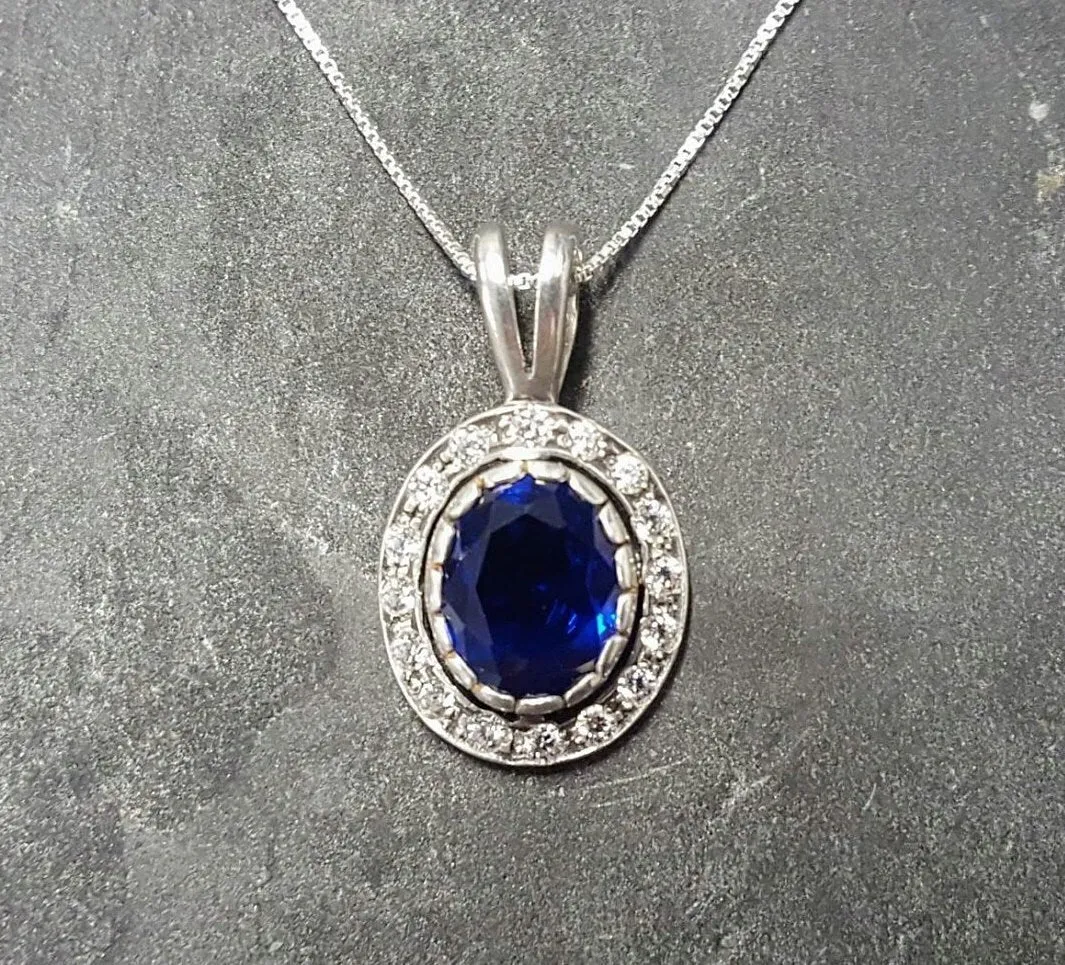 Sapphire Victorian Pendant - Vintage Sapphire Necklace - Blue Halo Pendant