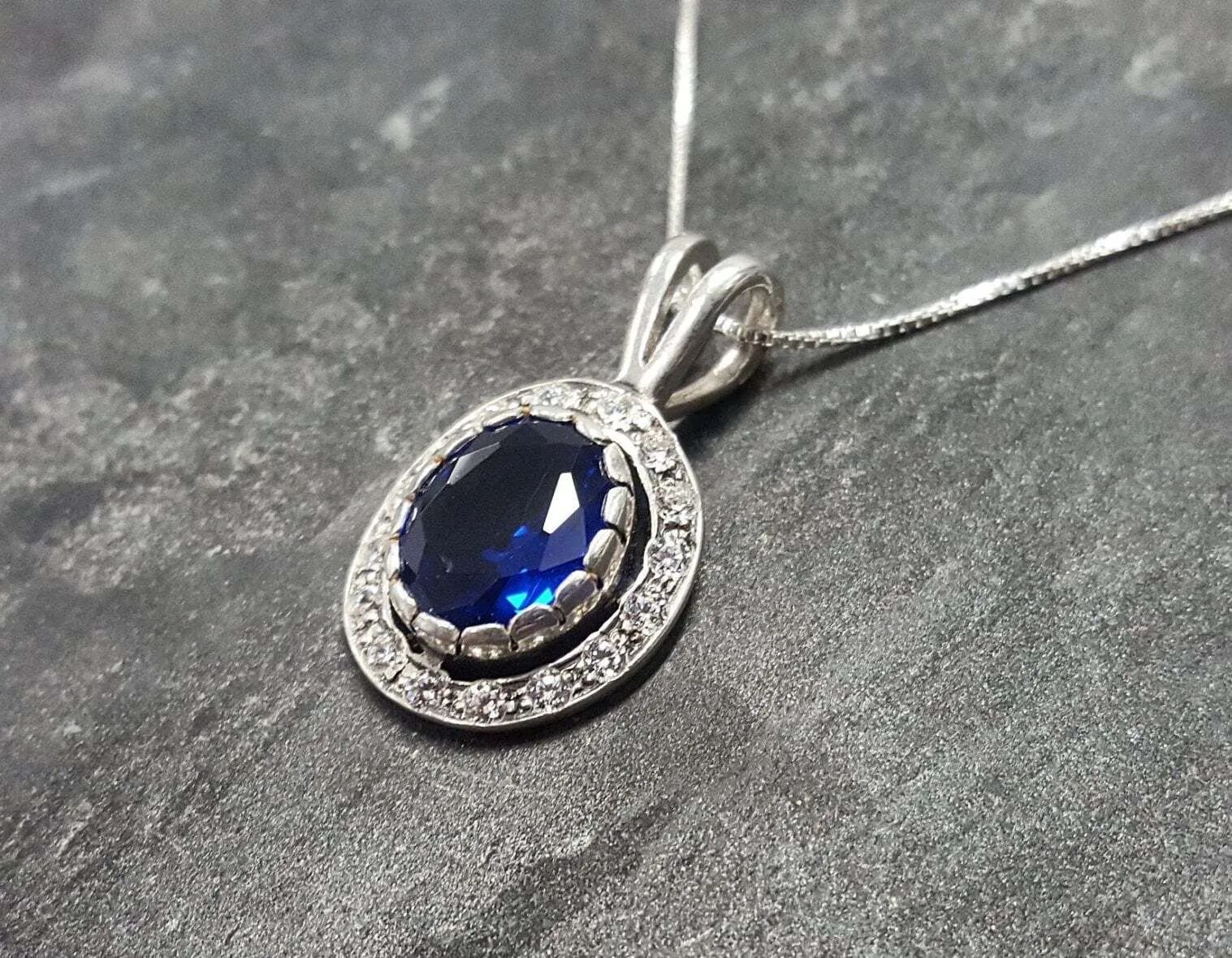 Sapphire Victorian Pendant - Vintage Sapphire Necklace - Blue Halo Pendant