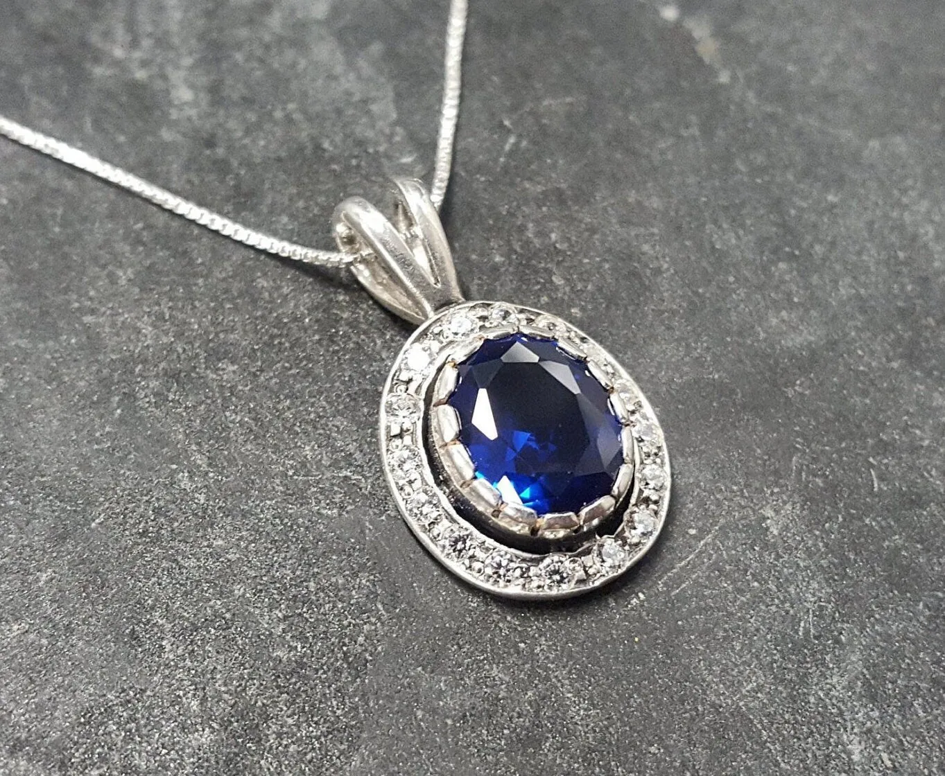 Sapphire Victorian Pendant - Vintage Sapphire Necklace - Blue Halo Pendant