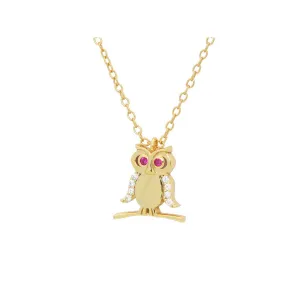 Silver 18K Gold Plated Teen  Owl Pendant Necklace 16"  2" Cubic Zirconias Pave Red Eyes