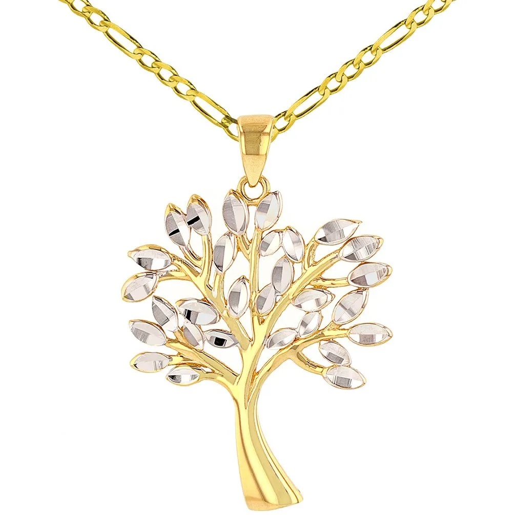 Solid 14K Gold Textured Elegant Tree of Life Pendant Figaro Chain Necklace - Yellow Gold