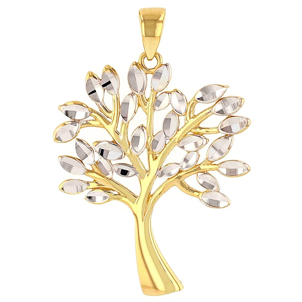 Solid 14K Gold Textured Elegant Tree of Life Pendant Figaro Chain Necklace - Yellow Gold