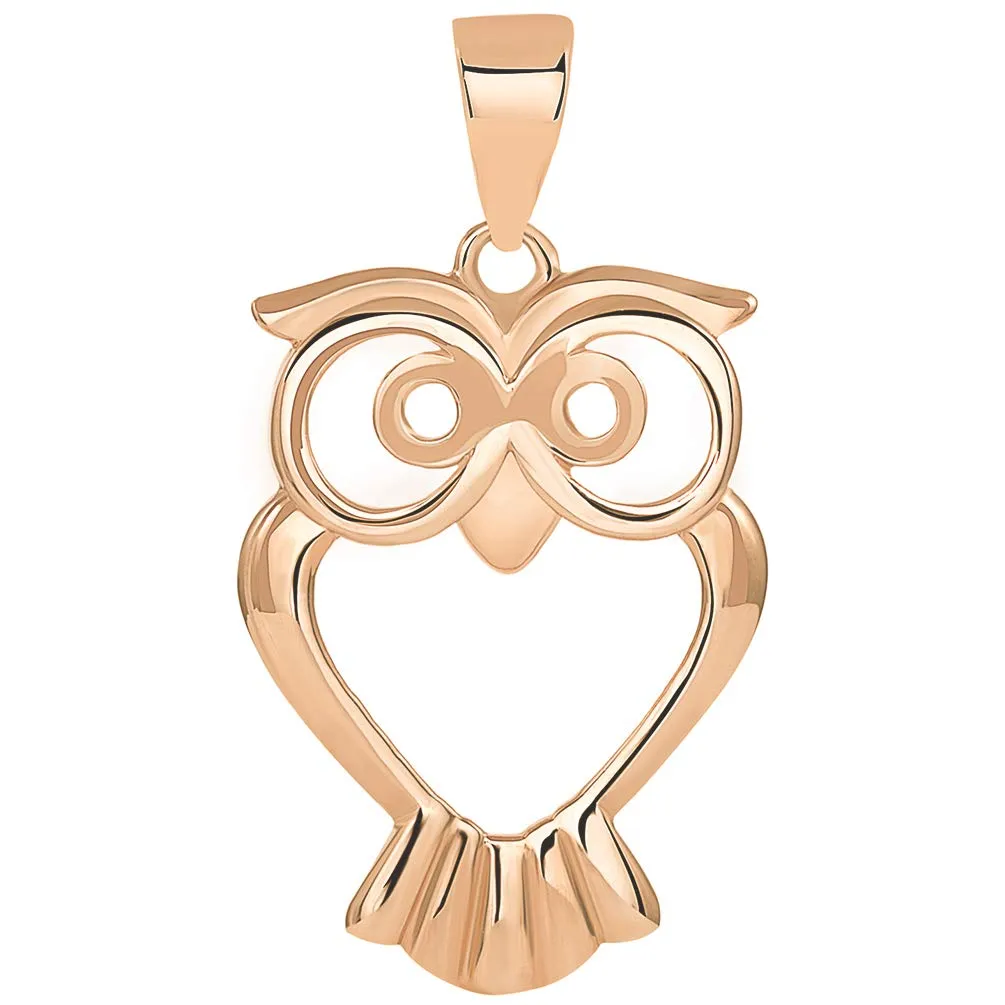 Solid 14k Rose Gold Big Eyes Owl Animal Pendant Necklace