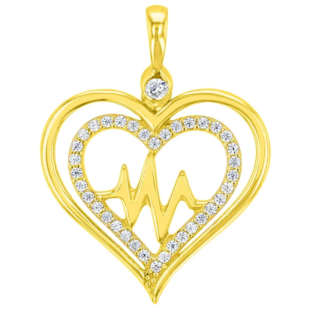 Solid 14K Yellow Gold CZ Double Heart Heartbeat Pendant with Figaro Necklace