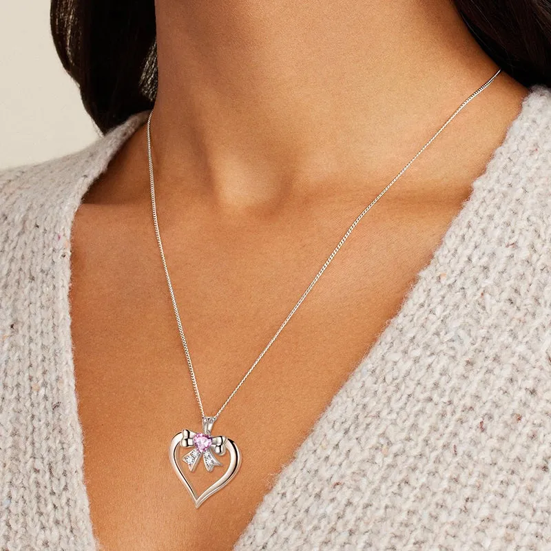 Tokyo Mart Women Love Heart Bow Necklace October Birthstone Pendant Pink Tourmaline Girls Jewelry Birthday Gifts 925 Sterling Silver