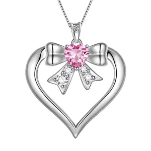 Tokyo Mart Women Love Heart Bow Necklace October Birthstone Pendant Pink Tourmaline Girls Jewelry Birthday Gifts 925 Sterling Silver