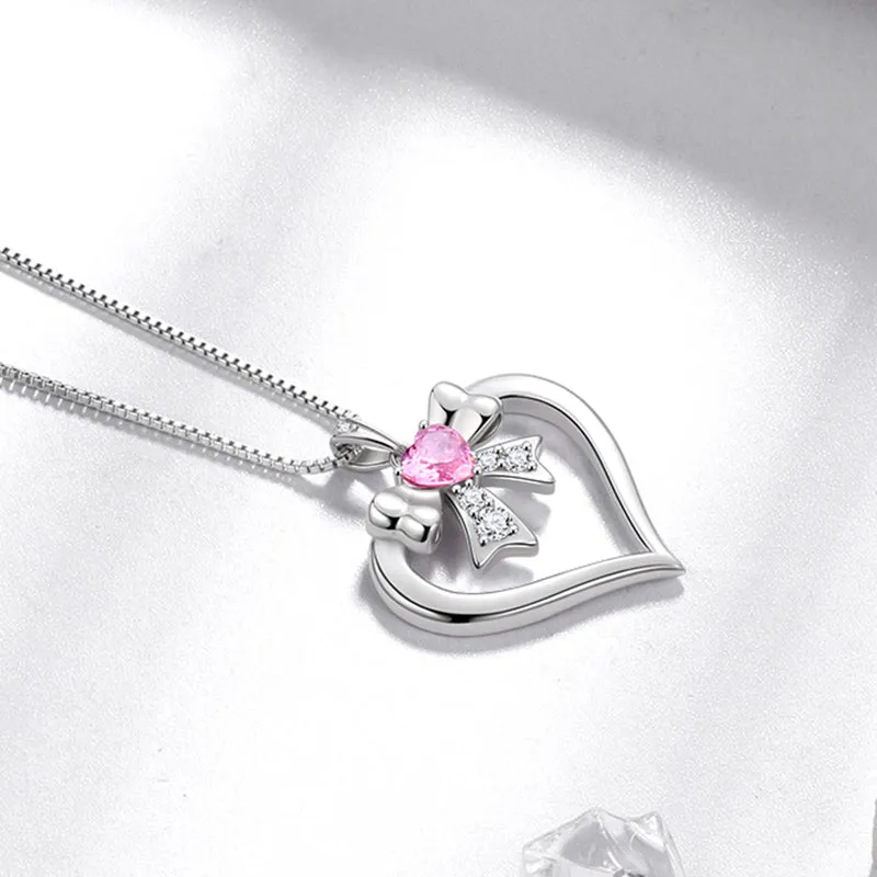 Tokyo Mart Women Love Heart Bow Necklace October Birthstone Pendant Pink Tourmaline Girls Jewelry Birthday Gifts 925 Sterling Silver