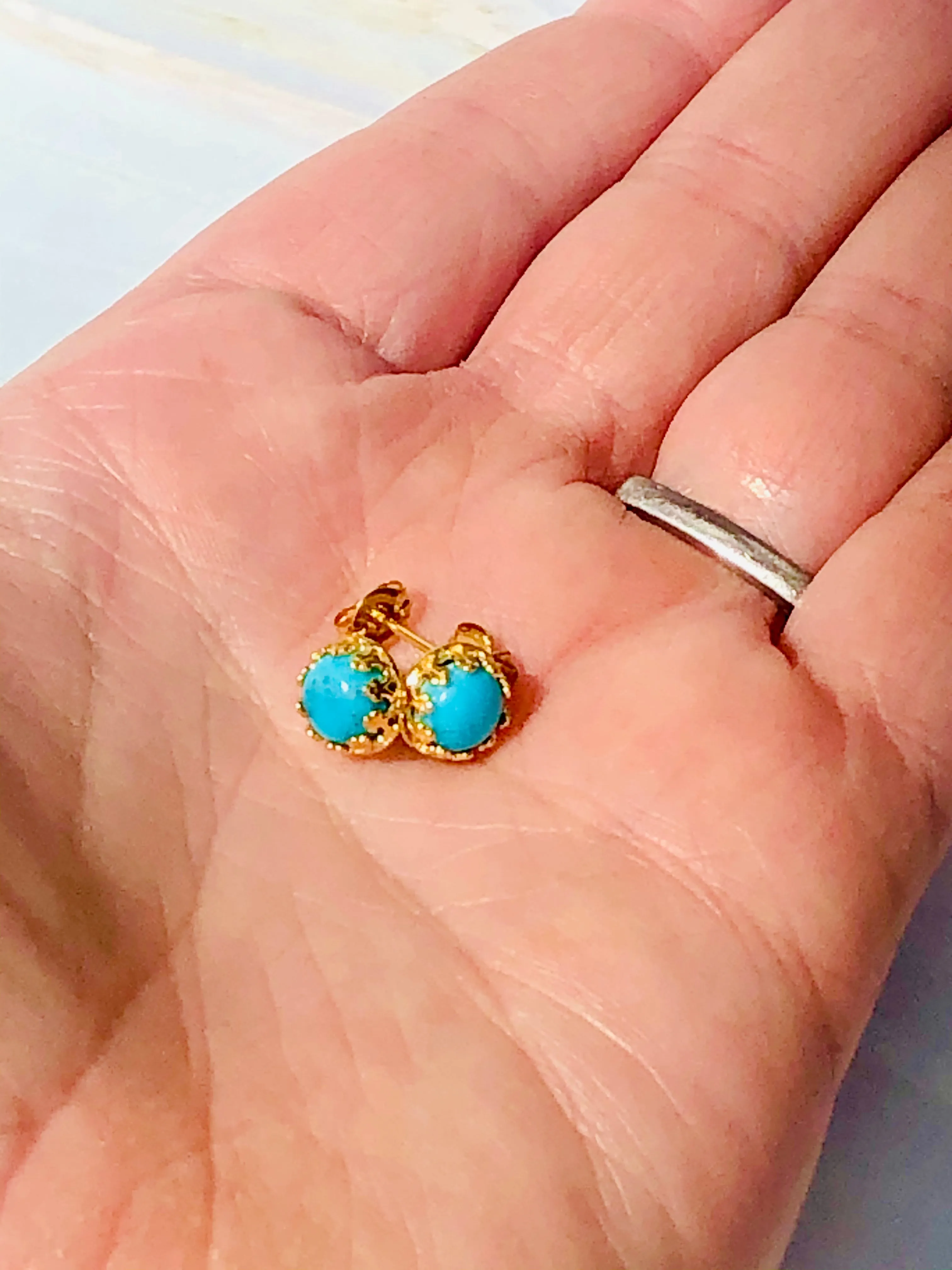 Turquoise Stud Earrings, Dainty Turquoise 22k Gold Post earrings, artisan jewelry