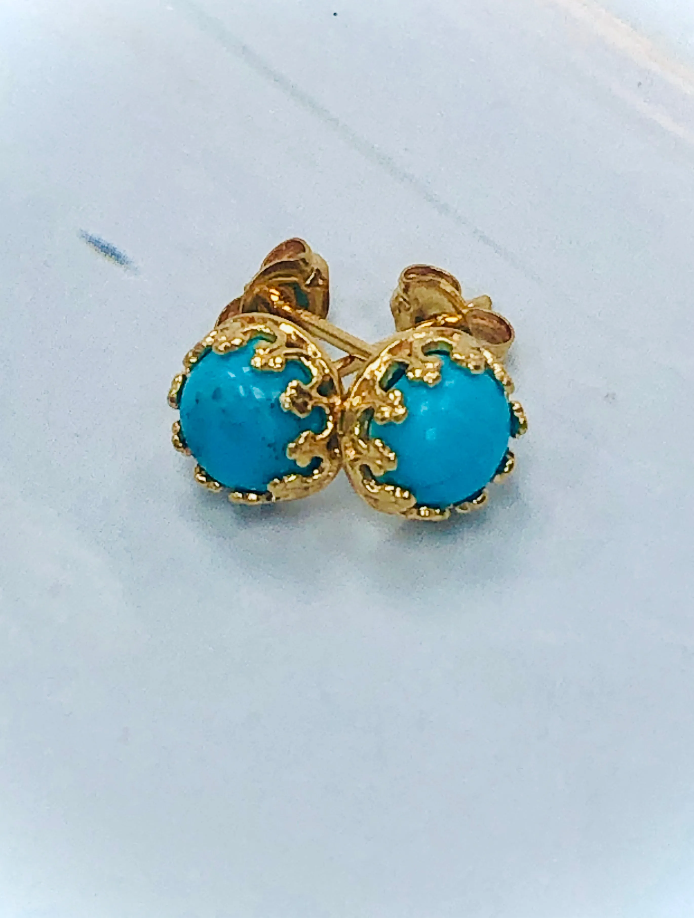 Turquoise Stud Earrings, Dainty Turquoise 22k Gold Post earrings, artisan jewelry