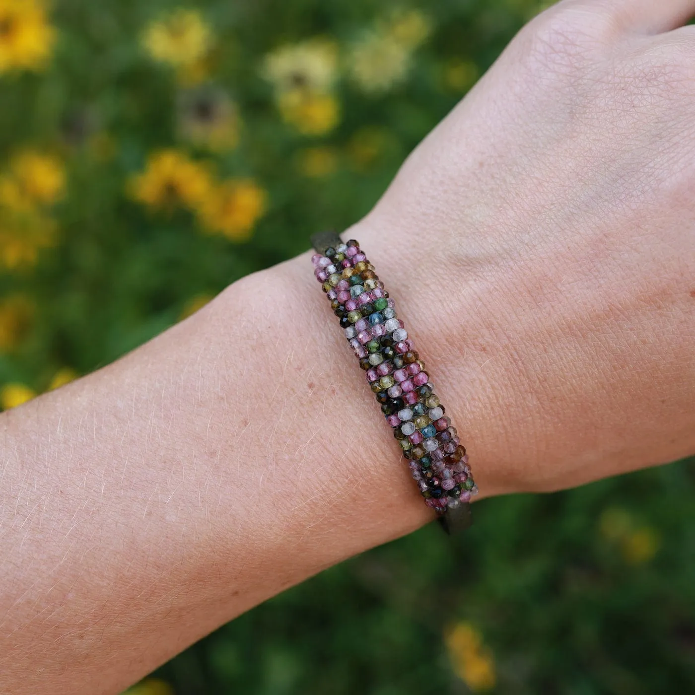 Watermelon Tourmaline Hand Stitched Leather Cuff