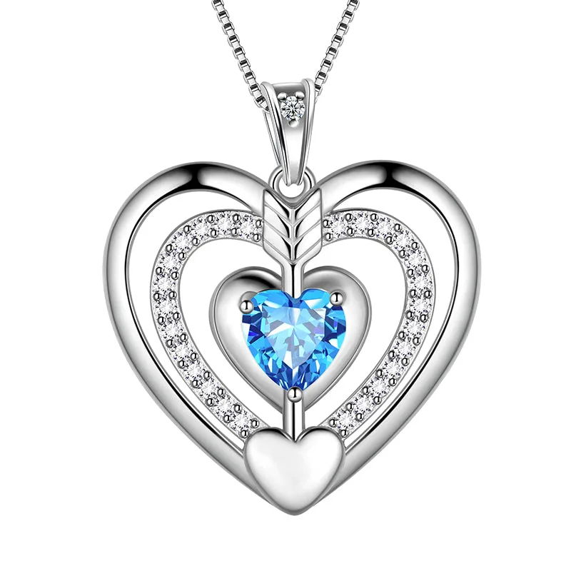 Women Blue Heart Necklace March Birthstone Pendant Aquamarine Girls Jewelry Birthday Gifts 925 Sterling Silver