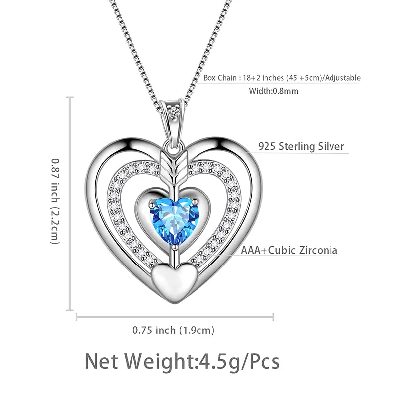 Women Blue Heart Necklace March Birthstone Pendant Aquamarine Girls Jewelry Birthday Gifts 925 Sterling Silver