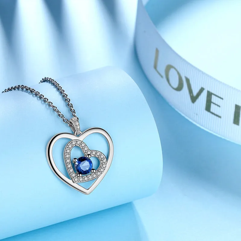 Women Blue Heart Necklace September Birthstone Pendant Sapphire Girls Jewelry Birthday Gifts 925 Sterling Silver