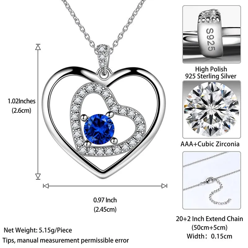 Women Blue Heart Necklace September Birthstone Pendant Sapphire Girls Jewelry Birthday Gifts 925 Sterling Silver