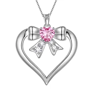 Women Love Heart Bow Necklace October Birthstone Pendant Pink Tourmaline Girls Jewelry Birthday Gifts 925 Sterling Silver