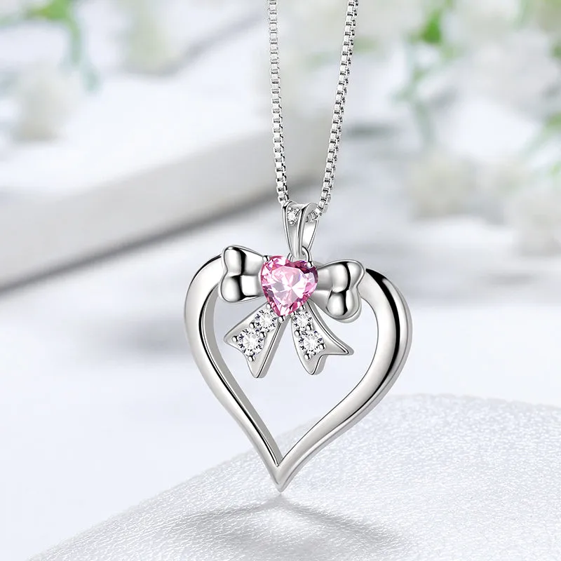 Women Love Heart Bow Necklace October Birthstone Pendant Pink Tourmaline Girls Jewelry Birthday Gifts 925 Sterling Silver