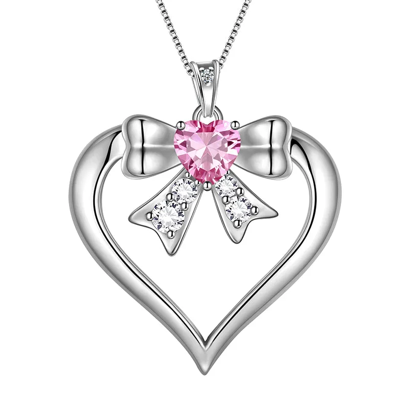 Women Love Heart Bow Necklace October Birthstone Pendant Pink Tourmaline Girls Jewelry Birthday Gifts 925 Sterling Silver